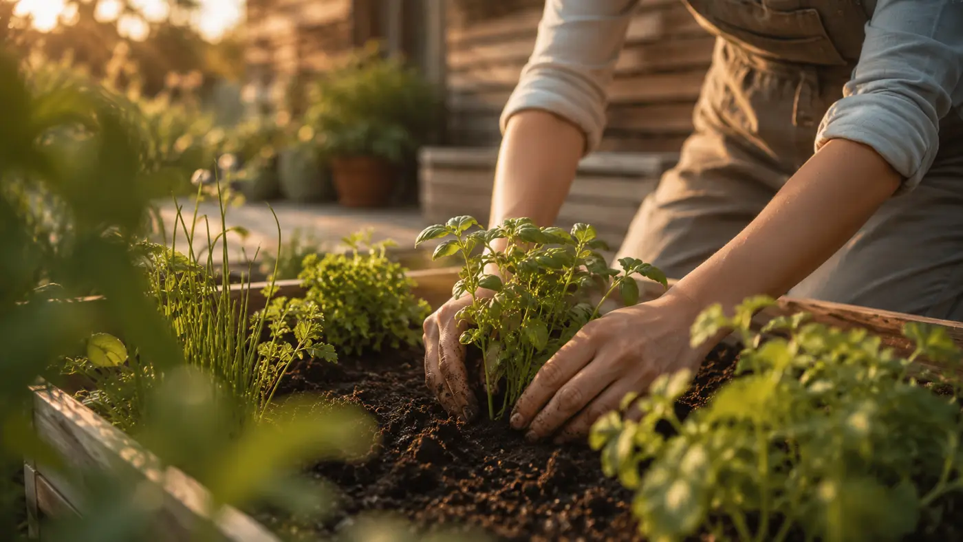 Hände bepflanzen ein Hochbeet mit Kräutern im Garten