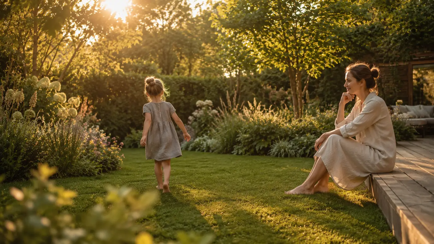 Familie genießt den gepflegten Garten mit Rasen und Terrasse im Abendlicht