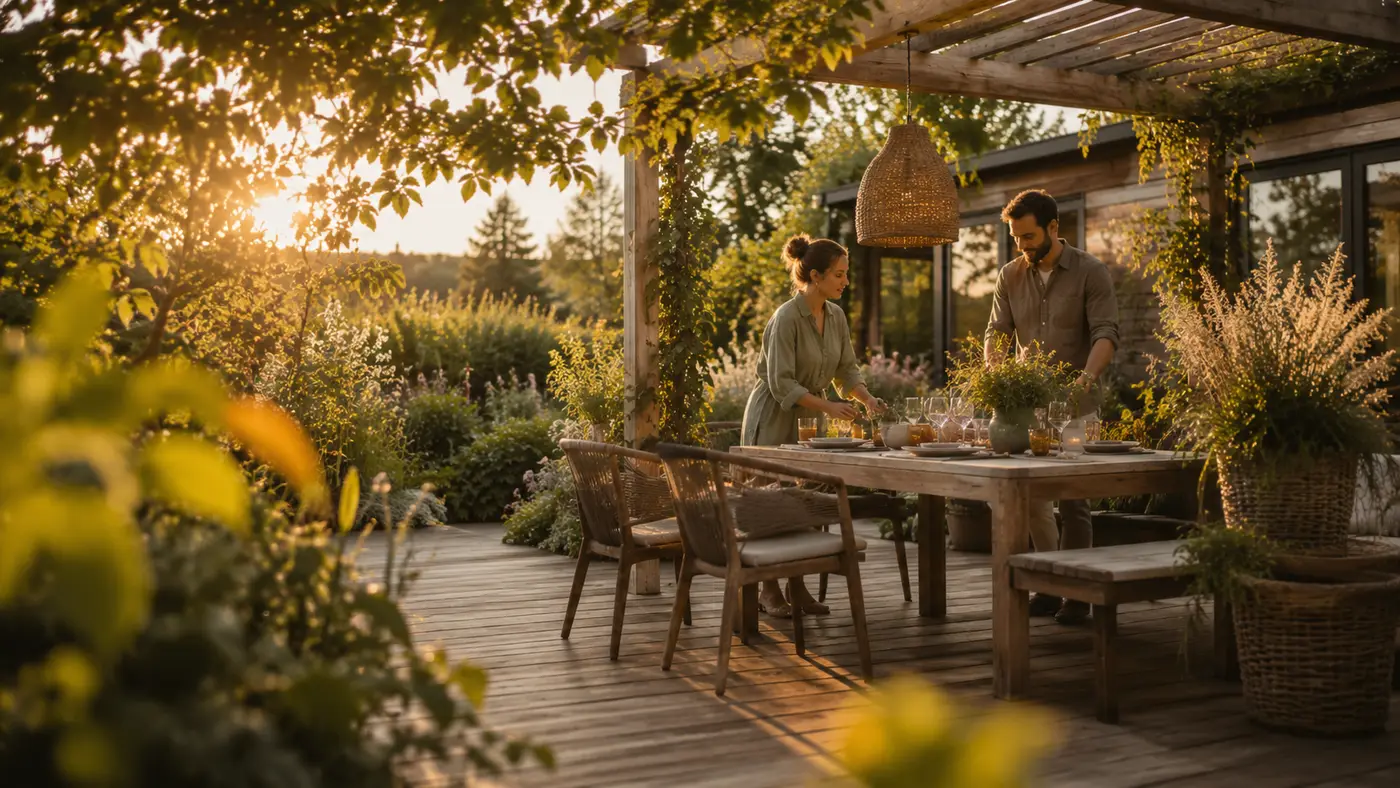 Gedeckter Tisch auf einer Holzterrasse unter einer Pergola im Abendlicht