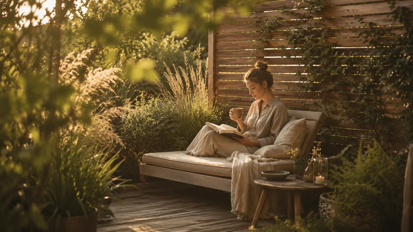Gartenterrasse mit Holz-Sichtschutz als blickdichte Wand zwischen Pflanzen