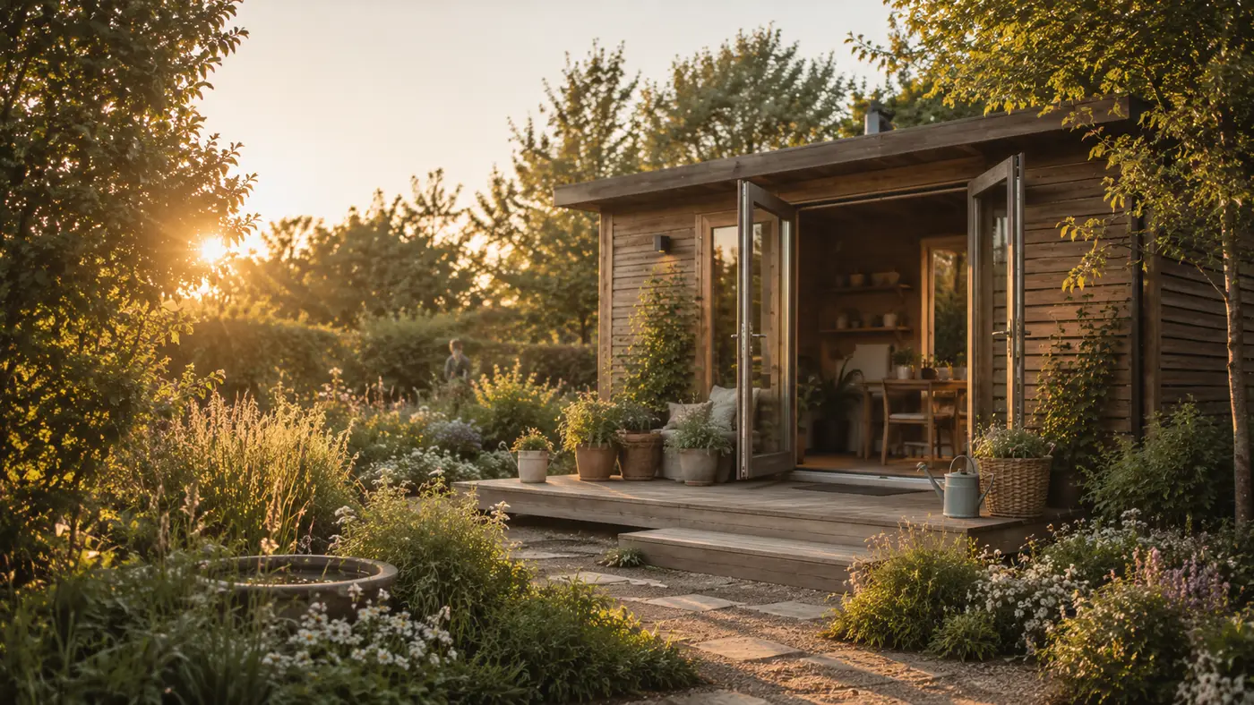 Modernes Holz-Gartenhaus mit offener Glasfront in einem Staudengarten