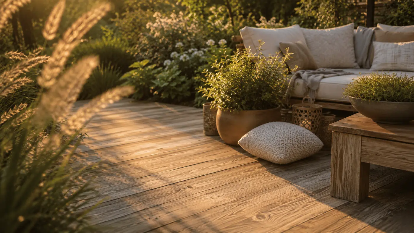 Gemütliche Holzterrasse mit Sitzecke und Pflanzen im warmen Abendlicht